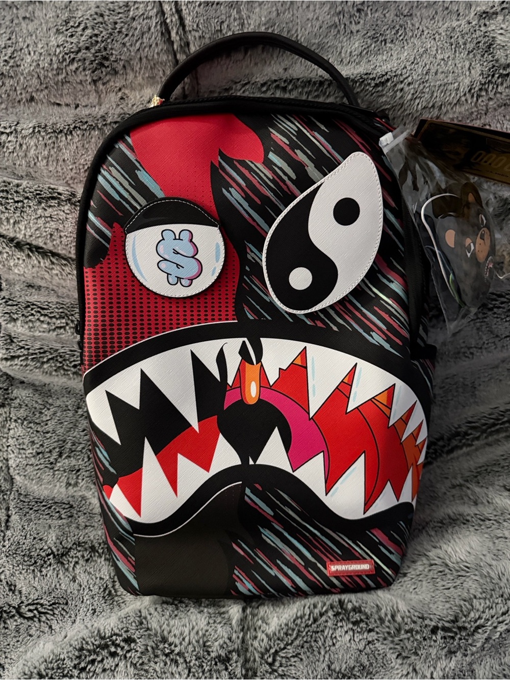 Sprayground Red Black White Shark Mouth Backpack with Yin Yang Eye